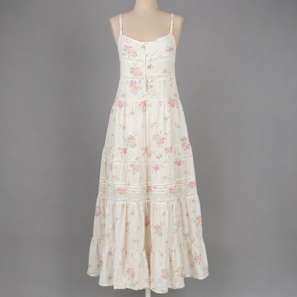 Floral Fairy Eyelet Lace Peasant Maxi Dress L Pink Pockets Cottagecore Prairie